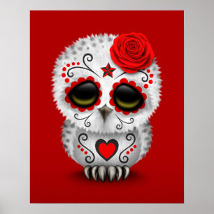 Cute Red Day of the dead Sugar Skull Uggla Red Poster