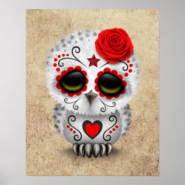 Cute Red Day of the dead Sugar Skull Uggla Rough Poster (Framsidan)