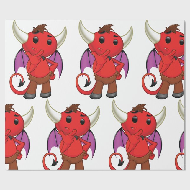 Cute Red Devil Character Thinking Mischievous Presentpapper (Platt)