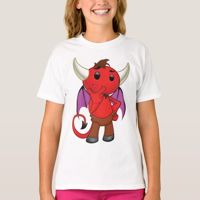 Cute Red Devil Character Thinking Mischievous T Shirt (Framsida)