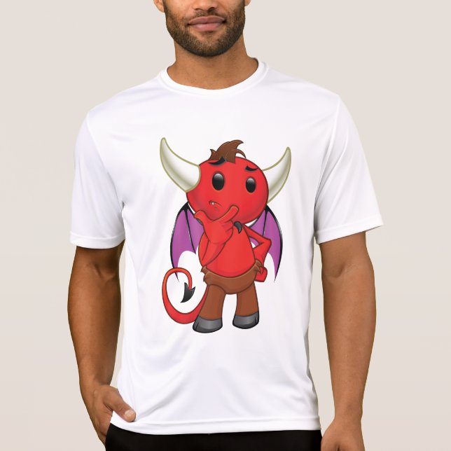 Cute Red Devil Character Thinking Mischievous T Shirt (Framsida)