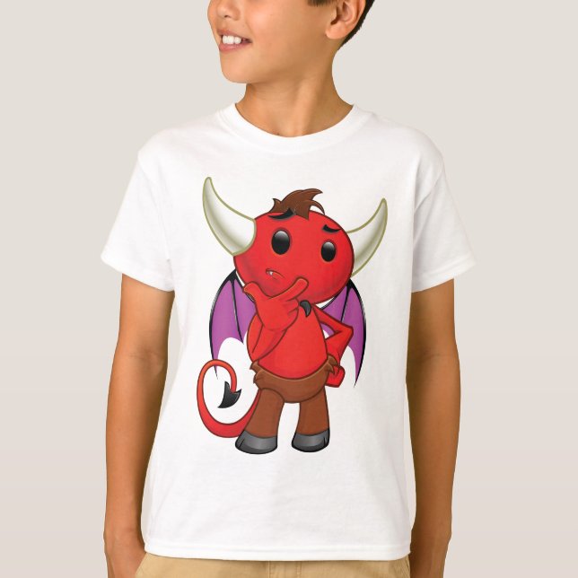 Cute Red Devil Character Thinking Mischievous T Shirt (Framsida)