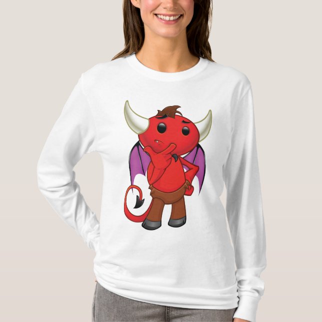 Cute Red Devil Character Thinking Mischievous T Shirt (Framsida)