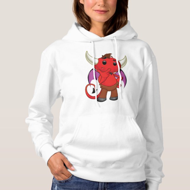 Cute Red Devil Character Thinking Mischievous T Shirt (Framsida)