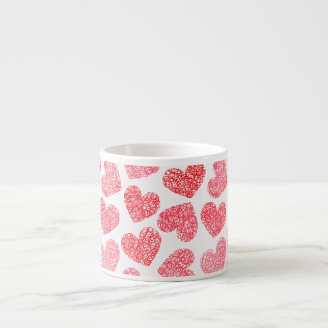 Cute Red Doodled Heart Valentindagen Mönster Espressomugg (Framsidan)