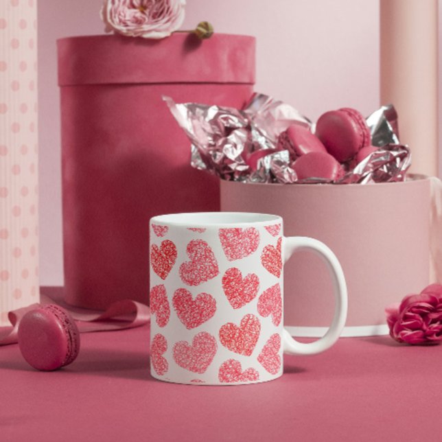 Cute Red Doodled Heart Valentindagen Mönster Kaffemugg (Skapare uppladdad)