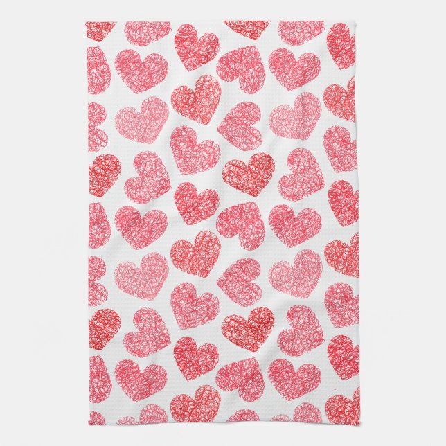 Cute Red Doodled Heart Valentindagen Mönster Kökshandduk (Vertikal)