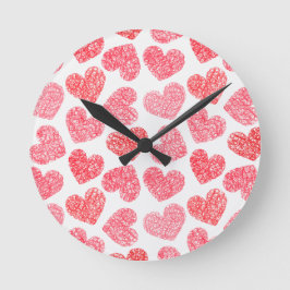 Cute Red Doodled Heart Valentindagen Mönster Rund Klocka