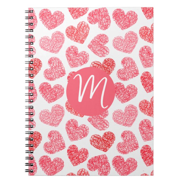 Cute Red Doodled Heart Valentines Day Monogram Anteckningsbok (Framsidan)