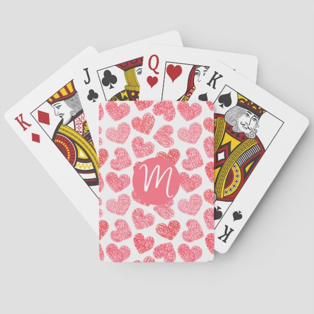 Cute Red Doodled Heart Valentines Day Monogram Casinokort (Baksidan)