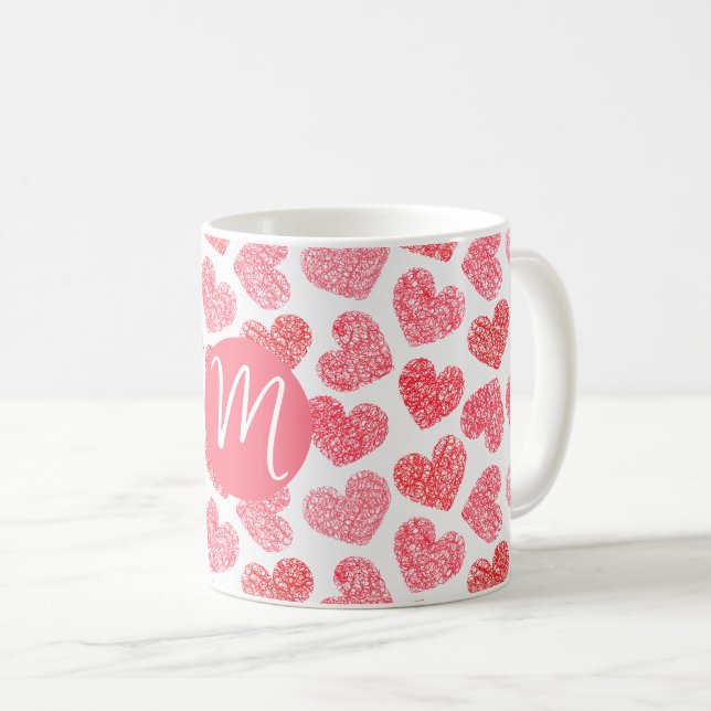 Cute Red Doodled Heart Valentines Day Monogram Kaffemugg (Framsida höger)