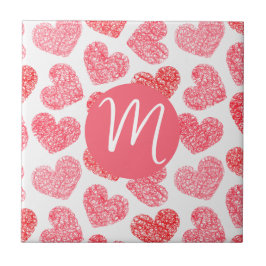 Cute Red Doodled Heart Valentines Day Monogram Kakelplatta