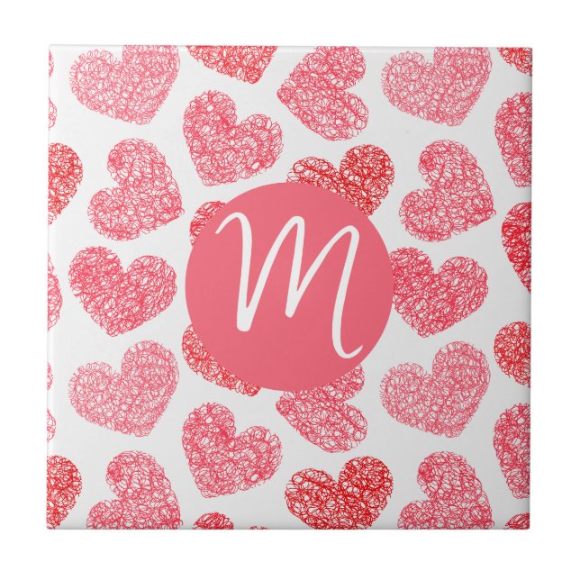 Cute Red Doodled Heart Valentines Day Monogram Kakelplatta (Framsidan)