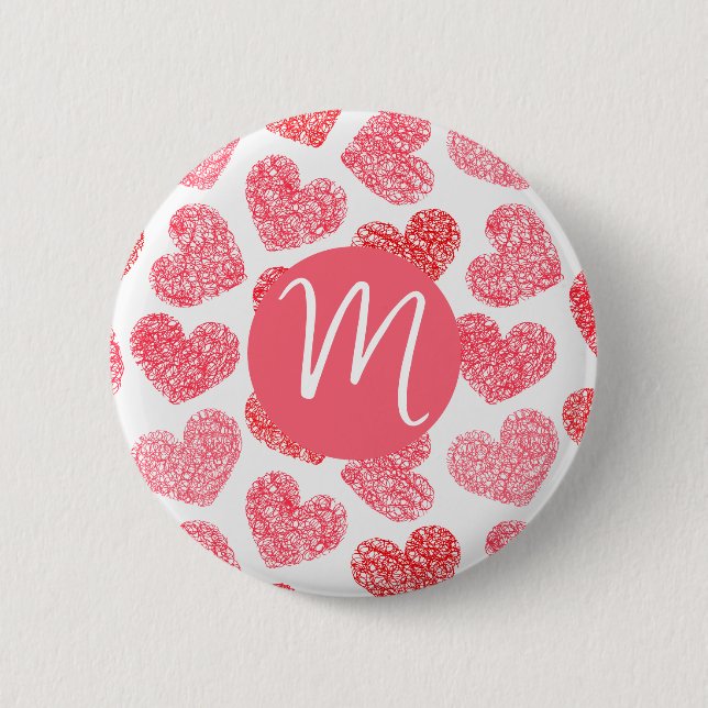 Cute Red Doodled Heart Valentines Day Monogram Knapp (Framsida)