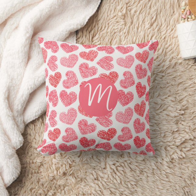 Cute Red Doodled Heart Valentines Day Monogram Kudde (Filt)