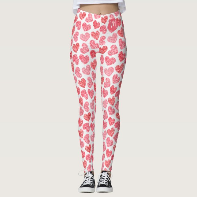 Cute Red Doodled Heart Valentines Day Monogram Leggings (Framsida)
