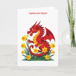 Cute Red Dragon And Daffodils Kort
