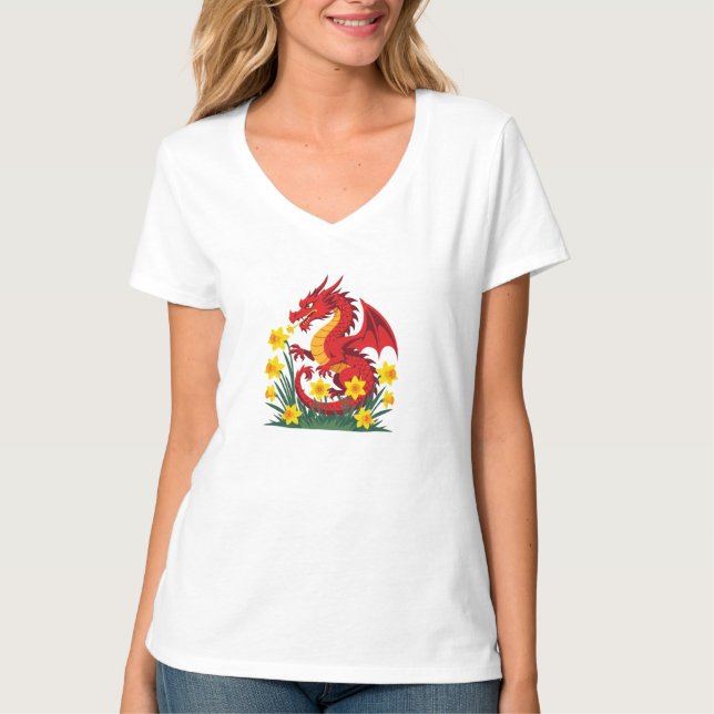 Cute Red Dragon And Daffodils T Shirt (Framsida)