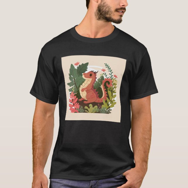 Cute Red Dragon in a garden forest T Shirt (Framsida)