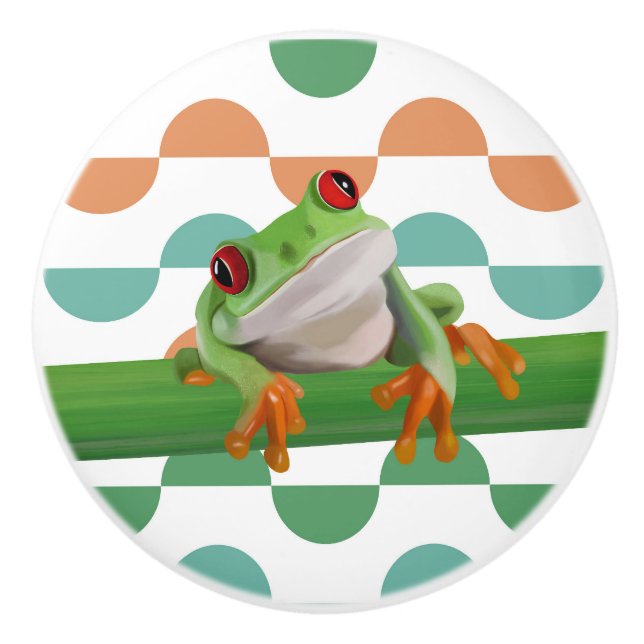 Cute Red Eyed Träd Frog Colorful Geometric Knopp (Framsidan)