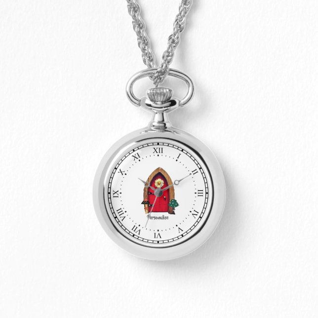 Cute Red Fairy Door Personal Silver Necklace Watch Armbandsur (Framsida)