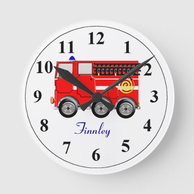 Cute Red Fire Engine-Personligen Boys Room Clock Rund Klocka (Framsida)