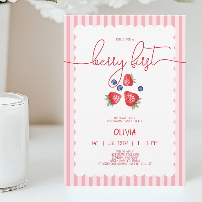 Cute Red Flicka Berry Första födelsedag Party Inbjudningar (Cute Red Baby Girl Berry First 1st Birthday Party Invitation)