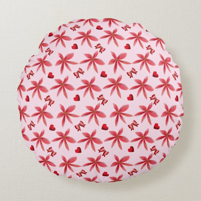 Cute Red Floral Heart Pattern Seamless Girly  Rund Kudde (Framsidan)