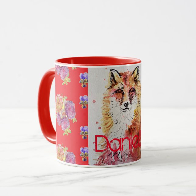Cute Red Fox Animal Rosor Blommigt Vattenfärg Mugg (Framsida vänster)