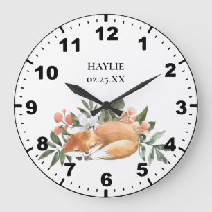 Cute Red Fox bland Blommor och Greenery Stor Klocka