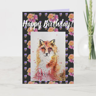 Cute Red Fox Flower Blommigt Grattis på födelsedag Kort