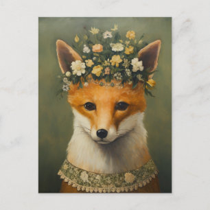 Cute Red Fox i Blommigten Krona och Necklace Vykort