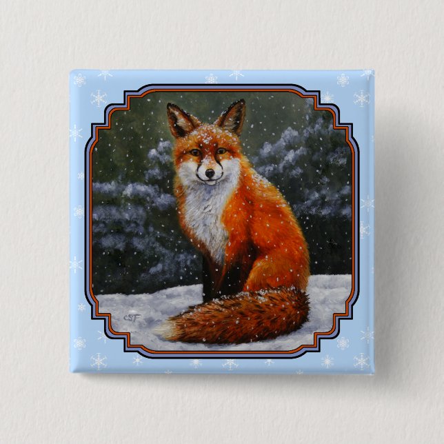 Cute Red Fox i Winter Snö Knapp (Framsida)