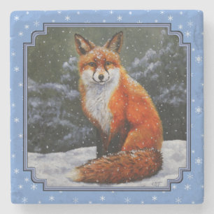 Cute Red Fox i Winter Snö Stenunderlägg