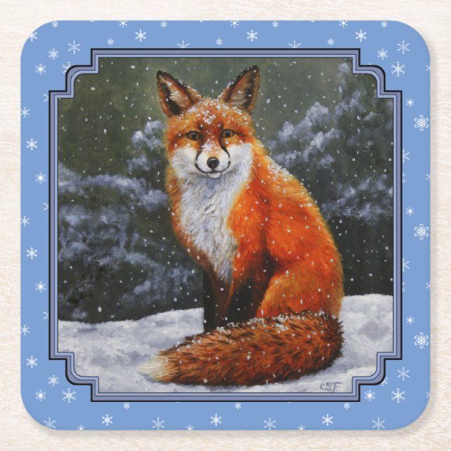 Cute Red Fox in Winter Snow Underlägg Papper Kvadrat (Framsidan)