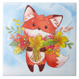 Cute Red Fox med Höst löv Kakelplatta