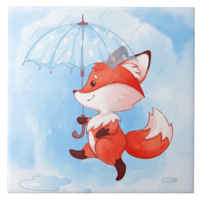 Cute Red Fox med Parbrella Kakelplatta (Framsidan)