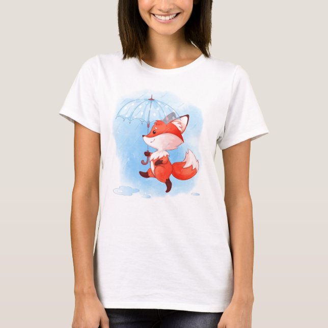 Cute Red Fox med Parbrella T Shirt (Framsida)