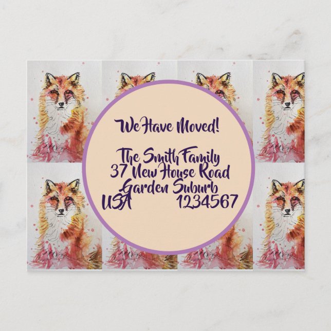 Cute Red Fox Nytt adress vykort, vi är Flytta Vykort (Framsida)