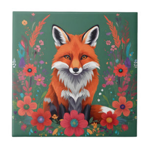 Cute Red fox och blommor Kakelplatta