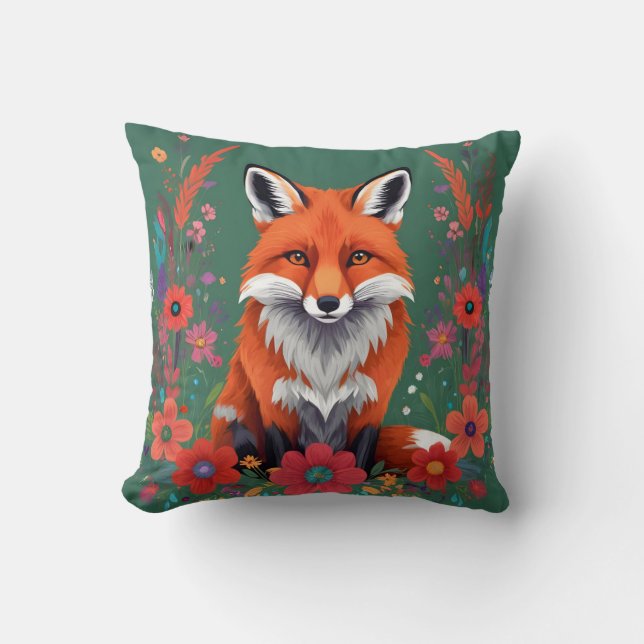 Cute Red fox och blommor Kudde (Framsida)