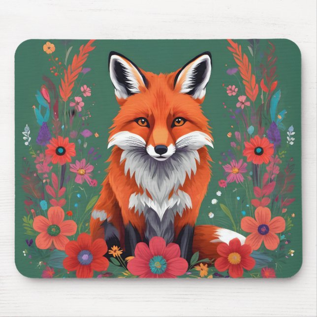 Cute Red fox och blommor Musmatta (Framsidan)