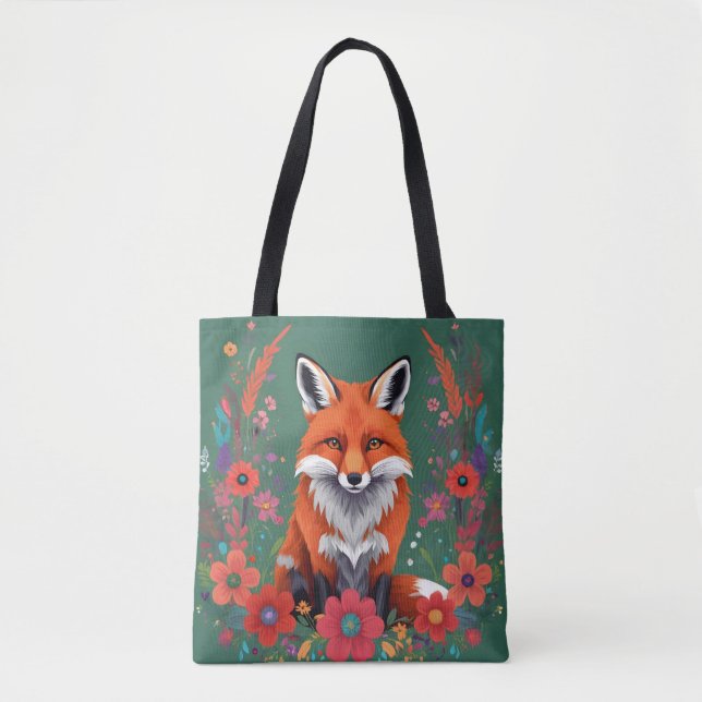 Cute Red fox och blommor Tygkasse (Framsida)