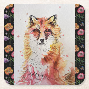 Cute Red Fox och Flowers Drink Coasters Underlägg Papper Kvadrat