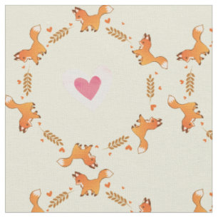 Cute Red Fox och Hearts Wandan Mönster Tyg