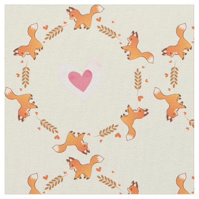 Cute Red Fox och Hearts Wandan Mönster Tyg (Närbild)