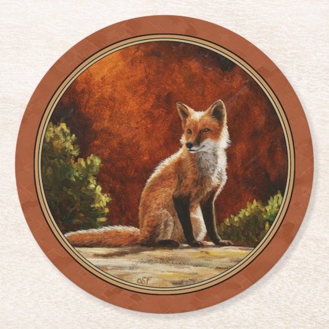 Cute Red Fox Sitta i Sol Underlägg Papper Rund (Framsidan)