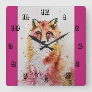 Cute Red Fox Watercolor Childrens Rumsklocka Fyrkantig Klocka