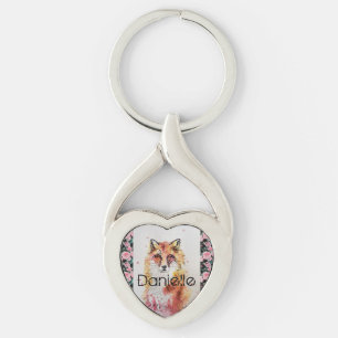 Cute Red Fox Watercolor Rosa ros Girls Dam Ke Twisted Heart Silverfärgad Nyckelring