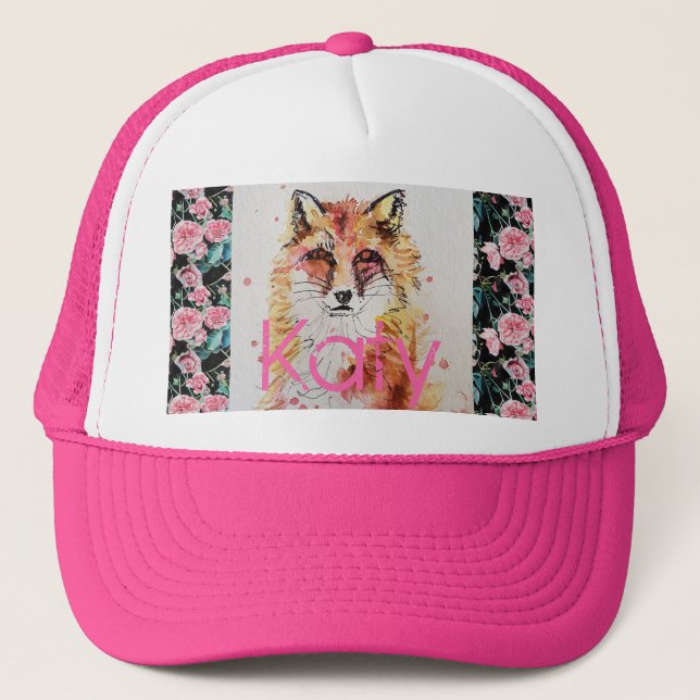 Cute Red Fox Watercolor Rosa ros Girls Dam Keps (Framsida)